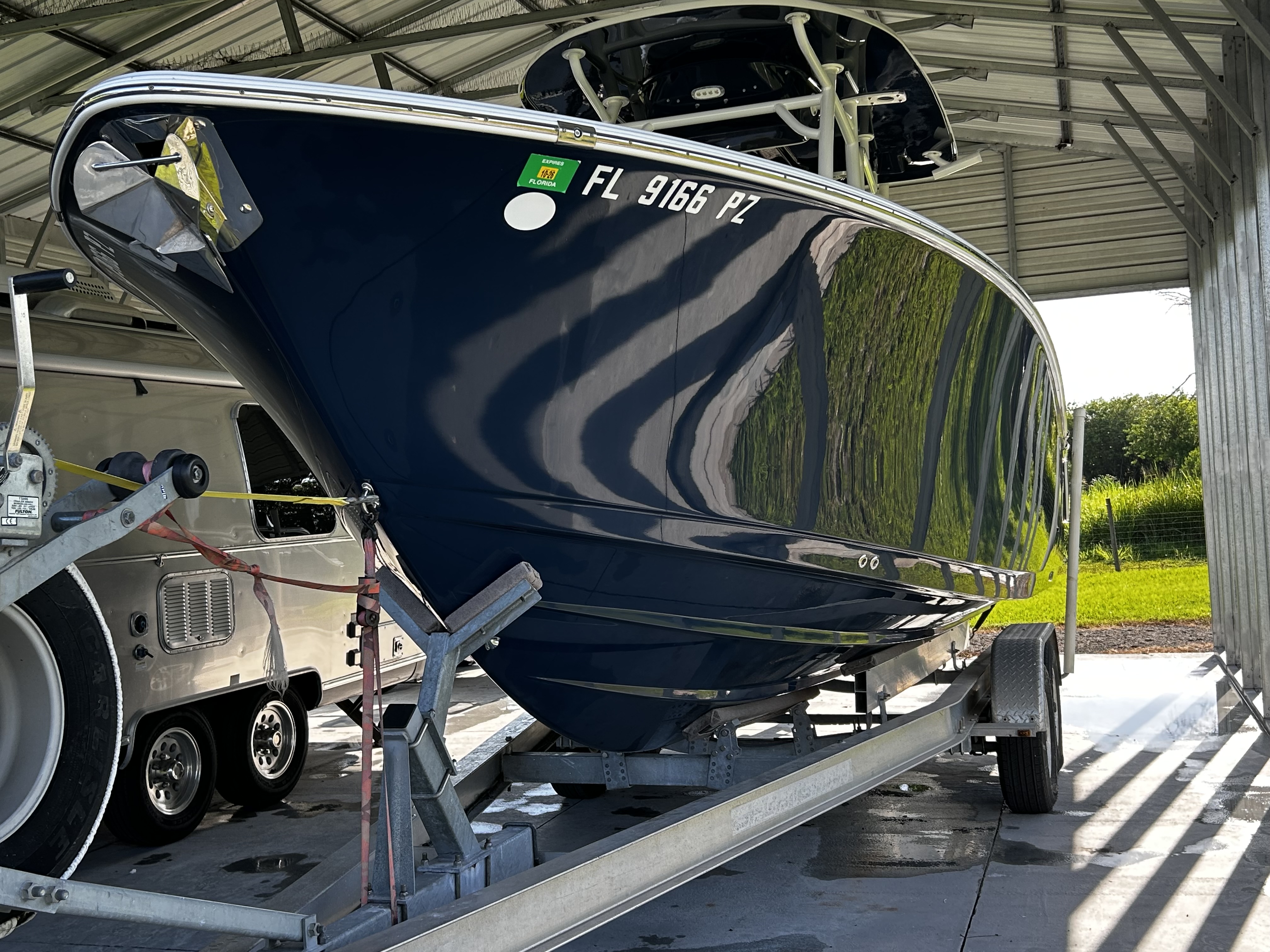 Center console hull with a glossy ceramic coating finish